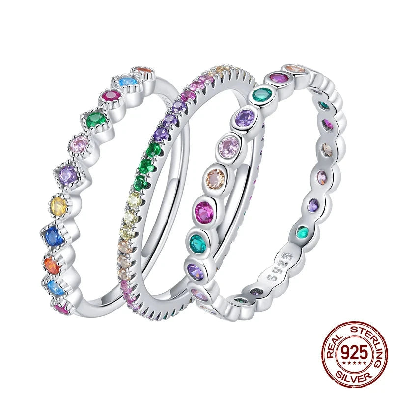 925 Sterling Silver Rainbow Zircon Finger Ring for Women Trendy Fashion Dazzling CZ Stone Anillos Jewelry Gift SCR714