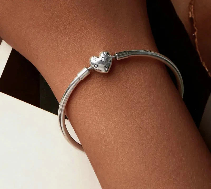 925 Sterling Silver Shiny Starry Bracelet Simple Basic Bangle Bracelet for Women Fine Jewelry 17CM 19CM