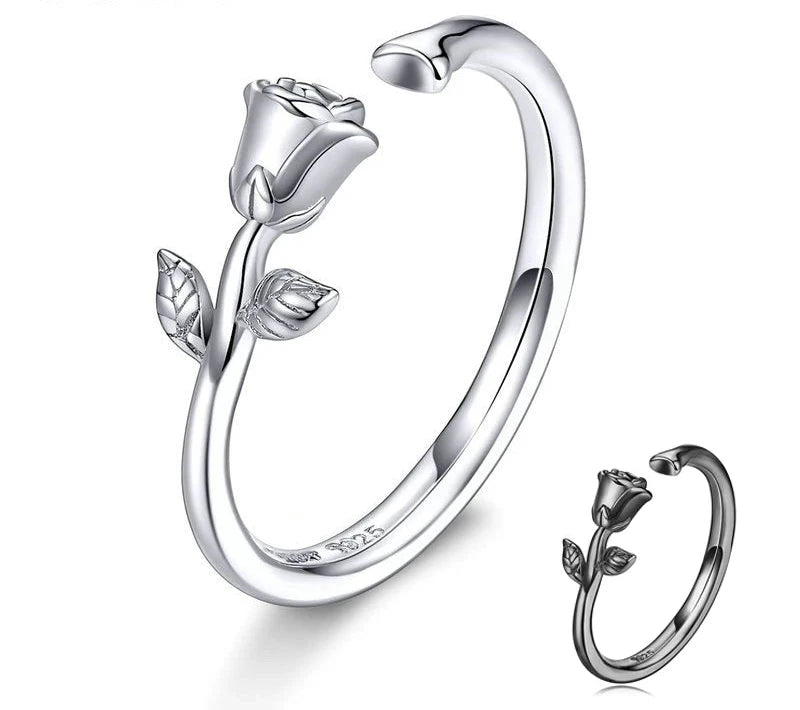 925 Sterling Silver 3D Thorns and Rose Adjustable Finger Rings for Women Plated Black Gold Flower Ring 2 Colors BSR065