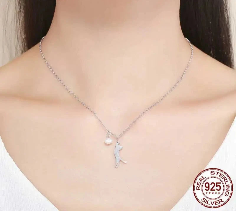 925 Sterling Silver Cute Cat Pendant Necklace Shell Pearl Chain for Women Birthday Gift Fashion Jewelry SCN175