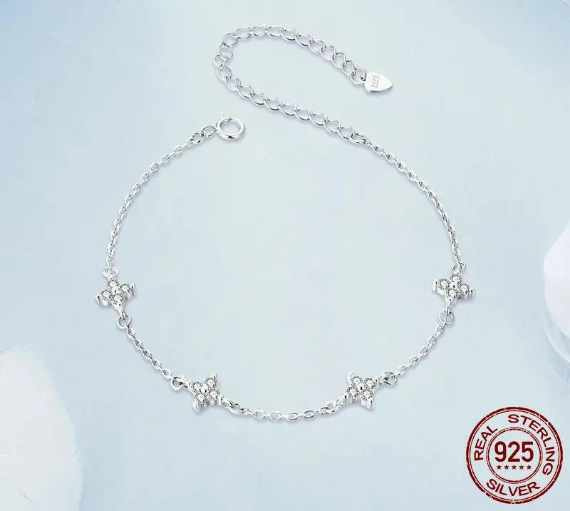 925 Sterling Silver Bracelet, White Gold Plated Shiny Zircon Flower Bracelet for Women Girl Classic Temperament Jewelry