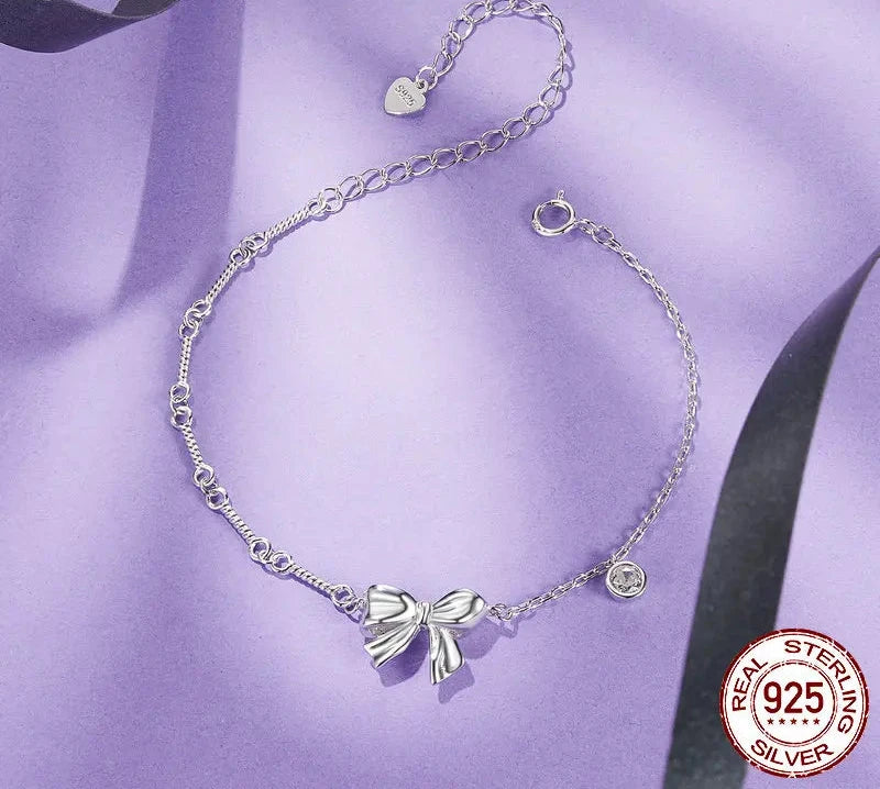 925 Sterling Silver Bowknot Bracelet Link Chain, Gold Plated Dainty Handmade Bow Jewelry Present for Women Girl BSB187