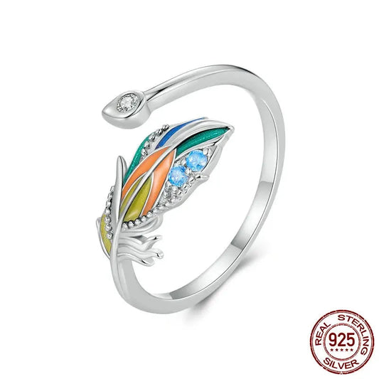 925 Sterling Silver Colorful Enamel Peacock Feather Opening Ring Pave Setting CZ Adjustable Ring for Women Fine Jewelry