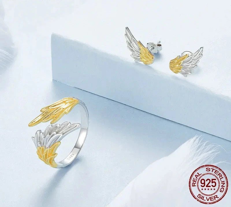 925 Sterling Silver 14K Gold Plated Angel Wing Ring White Gold Plated Adjustable Ring for Women Fine Jewelry Gift