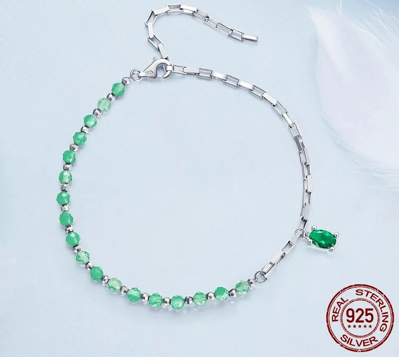 925 Sterling Silver Crystal Green Beads Bracelet Delicate Square Link for Women Birthday Valentine's Day Jewelry Gift