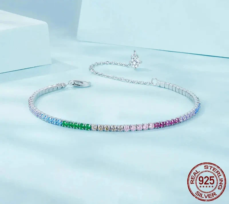 925 Sterling Silver Classic Tennis Bracelets, Rainbow Cubic Zirconia Tennis Bracelet Fashion Jewelry Gifts for Women