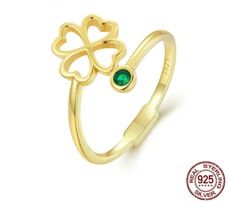 925 Sterling Silver Simple Four Leaf Clover Ring for Girl, Women 14K Gold Plated Promise Lucky Ring 3 Colors SCR843