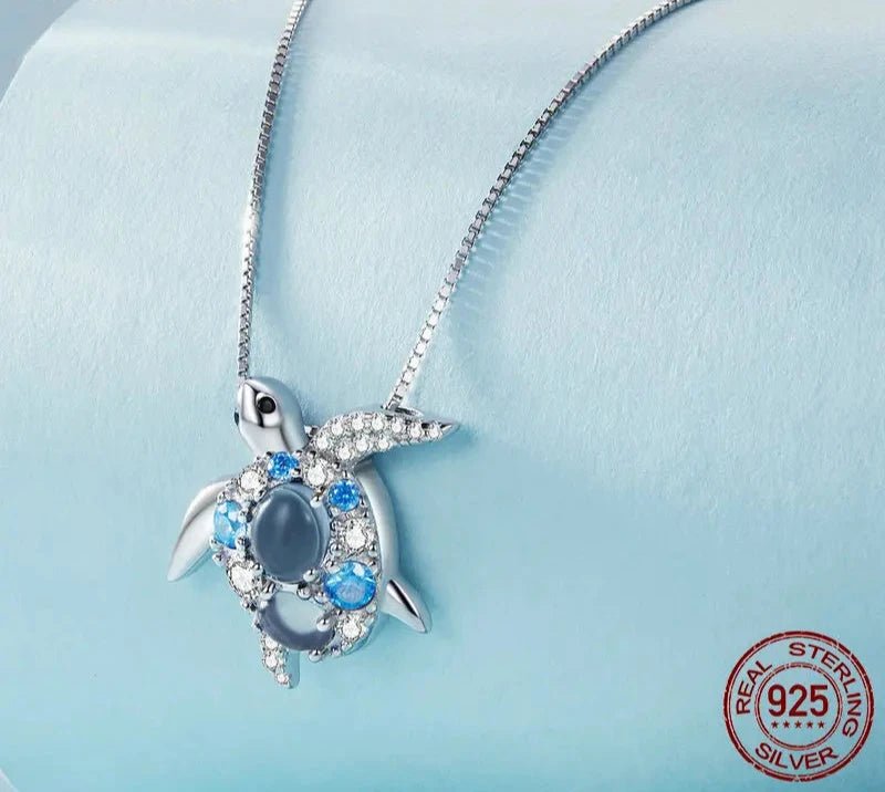 925 Sterling Silver Blue Spinel Sea Turtle Pendant Necklace Pave Setting CZ for Women Valentine's Day Gift