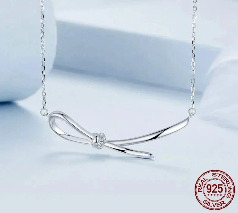 925 Sterling Silver Bowknot Necklace for Women, White Gold Plated Cubic Zirconia Pendant Necklace Trendy Jewelry Gift