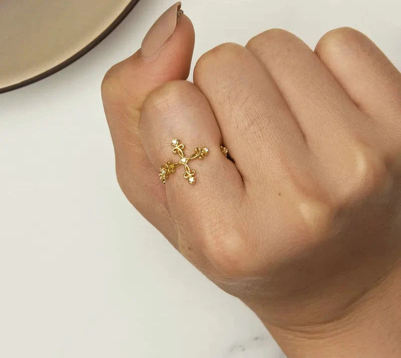 925 Sterling Silver Retro Pattern Cross Ring for Women 14K Gold Plated Flower Rings 3 Colors BSR041