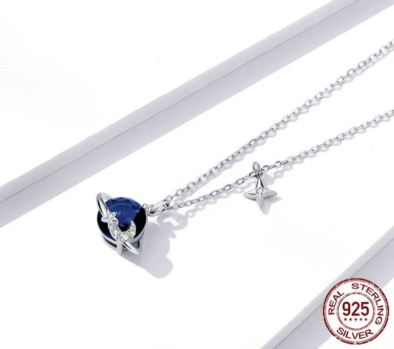 925 Sterling Silver Blue Planet Pendant Necklace for Women Stars Design Engagement Statement Jewelry Colllar BSN166