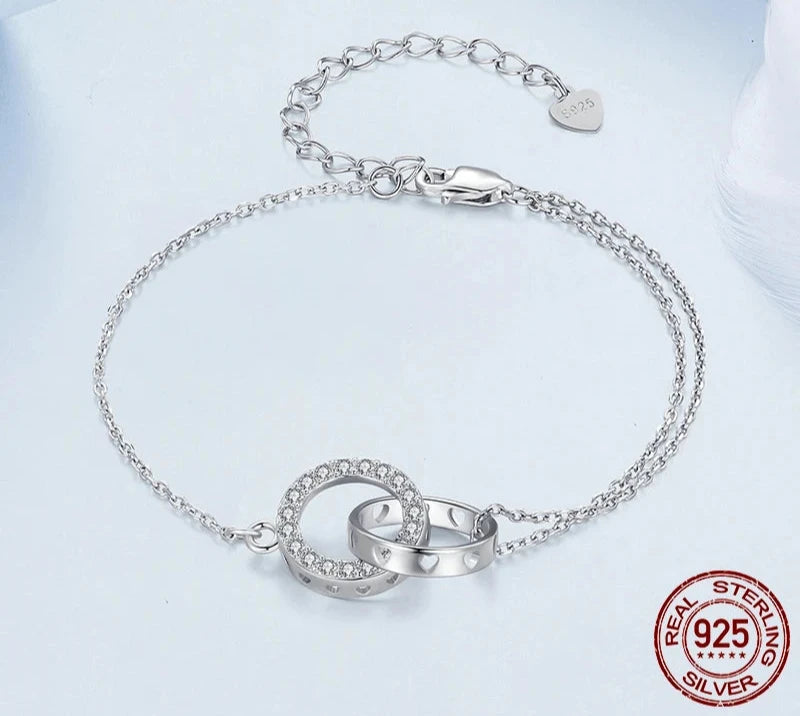 925 Sterling Silver Double Circle Bracelet Eternity Adjustable Chain Link Platinum Plated for Women Valentine's Day Gift