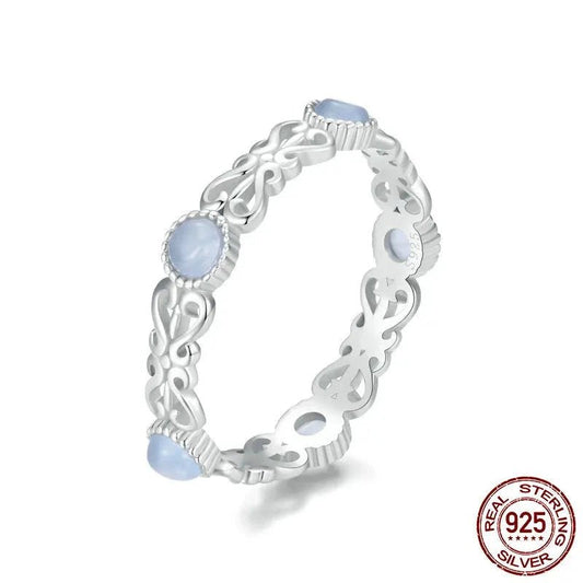 925 Sterling Silver Blue Round Stone Finger Ring Vine Pattern Ring for Women Elegant Jewelry Gift BSR507