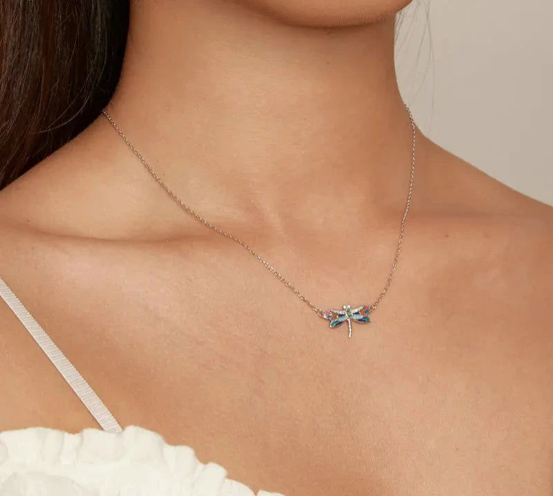 925 Sterling Silver Colorful Enamel Dragonfly Pendant Necklace Dainty Insect Neck Chain for Women Valentine's Day Gift