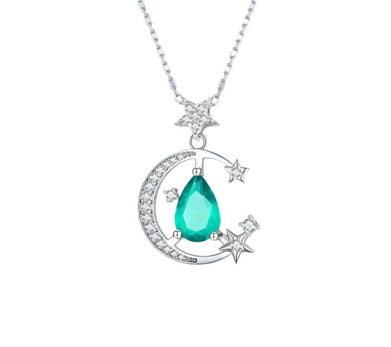 925 Sterling Silver Crescent Moon and Star Pendant Necklace Light Green Waterdrop Neck Chain for Women Fine Jewelry