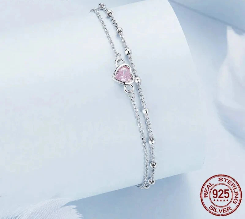 925 Sterling Silver Double Layer Bracelet Barbie Pink Heart Adjustable Chain Link for Women Valentine's Day Gift BSB152