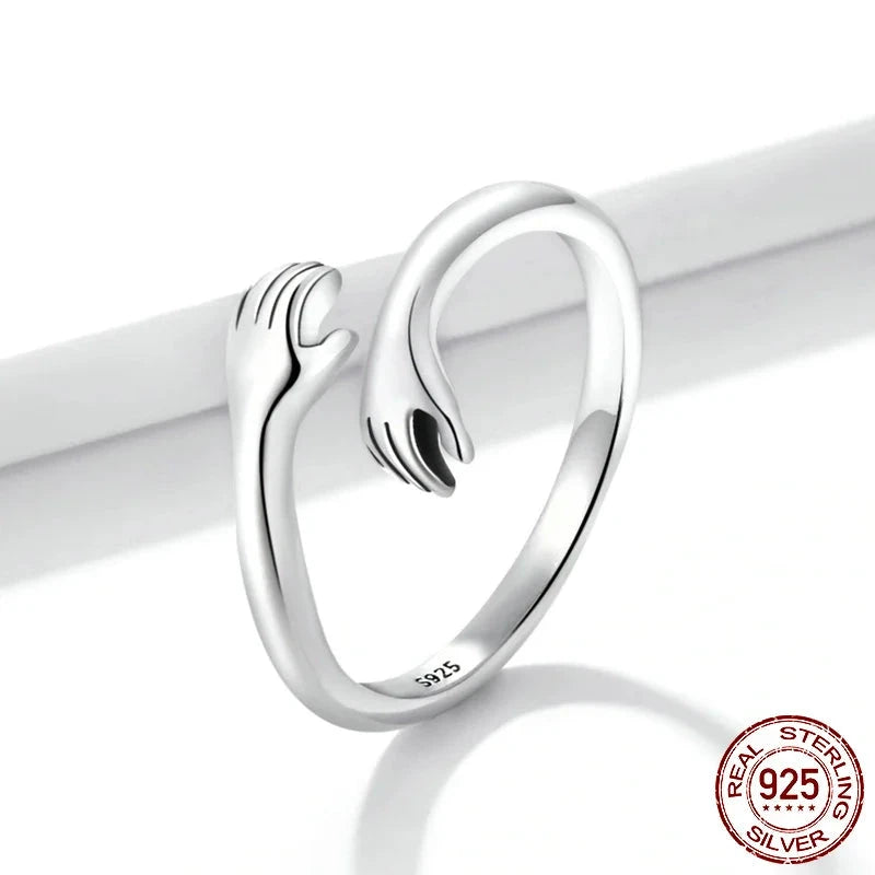 925 Sterling Silver Hug Warmth and Love Hand Adjustable Ring for Women Party Jewelry, His Big Loving Hugs Ring 3 Colors