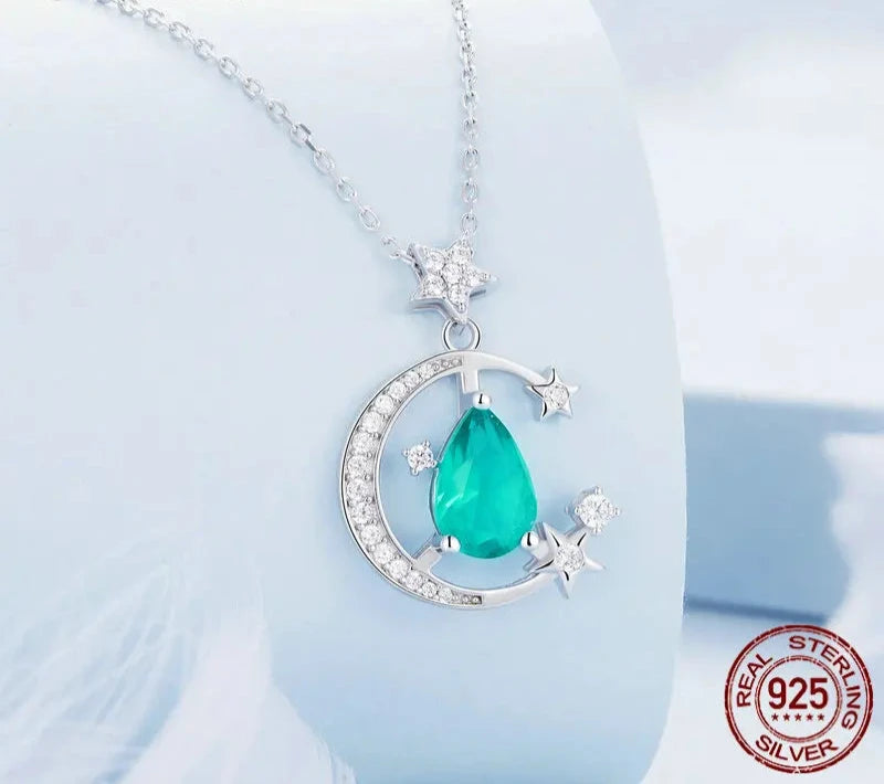 925 Sterling Silver Crescent Moon and Star Pendant Necklace Light Green Waterdrop Neck Chain for Women Fine Jewelry