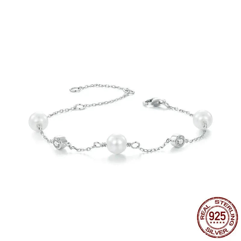 925 Sterling Silver Tiny Moissanite Bracelet, Dainty Shell Pearl Adjustable Chain Layered Bracelets Bridesmaid Jewelry