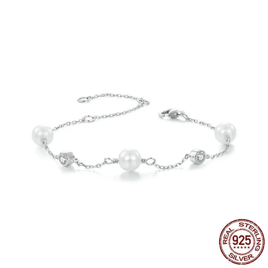 925 Sterling Silver Tiny Moissanite Bracelet, Dainty Shell Pearl Adjustable Chain Layered Bracelets Bridesmaid Jewelry