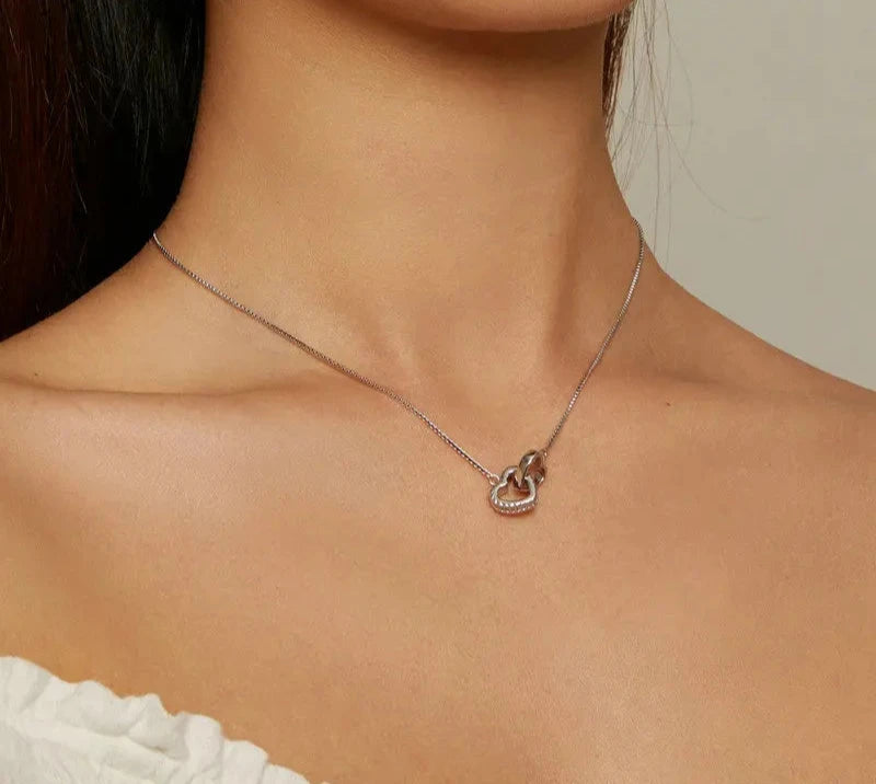 925 Sterling Silver Double Heart Pendant Necklace Clavicle Chain Link for Women Party Jewelry Valentine's Day Gift