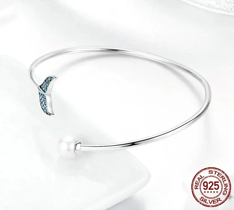 925 Sterling Silver Blue Zircon Mermaid's Tail Open Cuff Women Bracelets & Bangles Fashion Jewelry SCB123