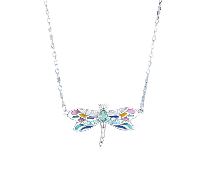 925 Sterling Silver Colorful Enamel Dragonfly Pendant Necklace Dainty Insect Neck Chain for Women Valentine's Day Gift