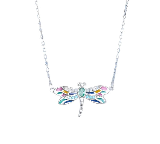 925 Sterling Silver Colorful Enamel Dragonfly Pendant Necklace Dainty Insect Neck Chain for Women Valentine's Day Gift