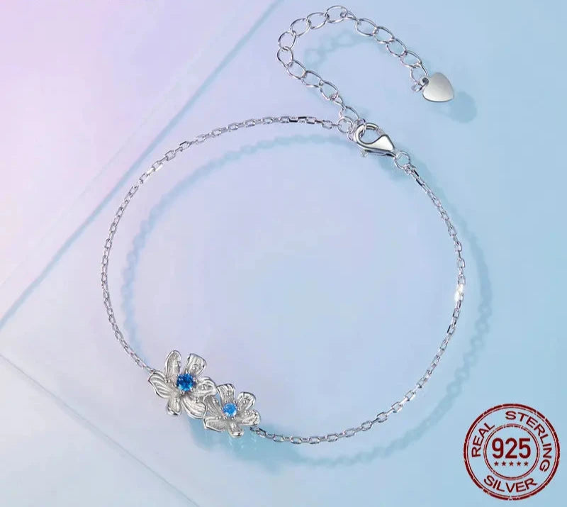 925 Sterling Silver Delicate Flower Bracelet Blue Zircon Adjustable Chain Link for Women Fine Jewelry Gift BSB138