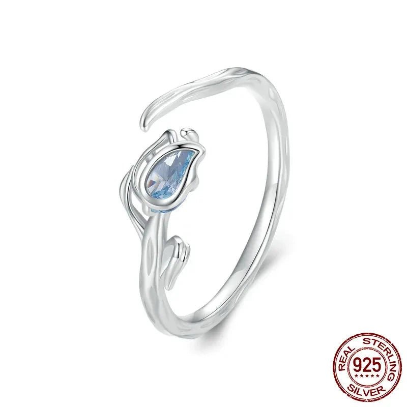 925 Sterling Silver Blue Tulip Opening Ring Flower & Vine Adjustable Ring for Women Romantic Fine Jewelry BSR465