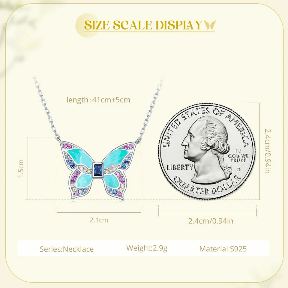 925 Sterling Silver Colorful Butterfly Pendant Necklace Insect Neck Chain for Women Birthday Gift Fine Jewelry BSN306