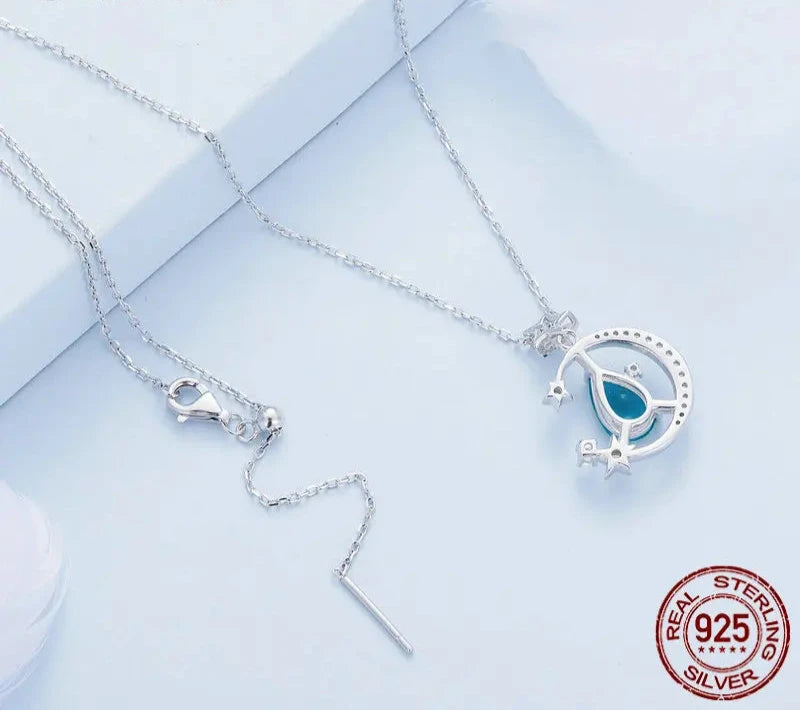 925 Sterling Silver Crescent Moon and Star Pendant Necklace Light Green Waterdrop Neck Chain for Women Fine Jewelry