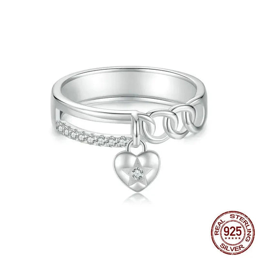 925 Sterling Silver Double-layer Ring with Heart, 2024 New Chic Chain Band Ring Jewelry Gift for Women Girl BSR572