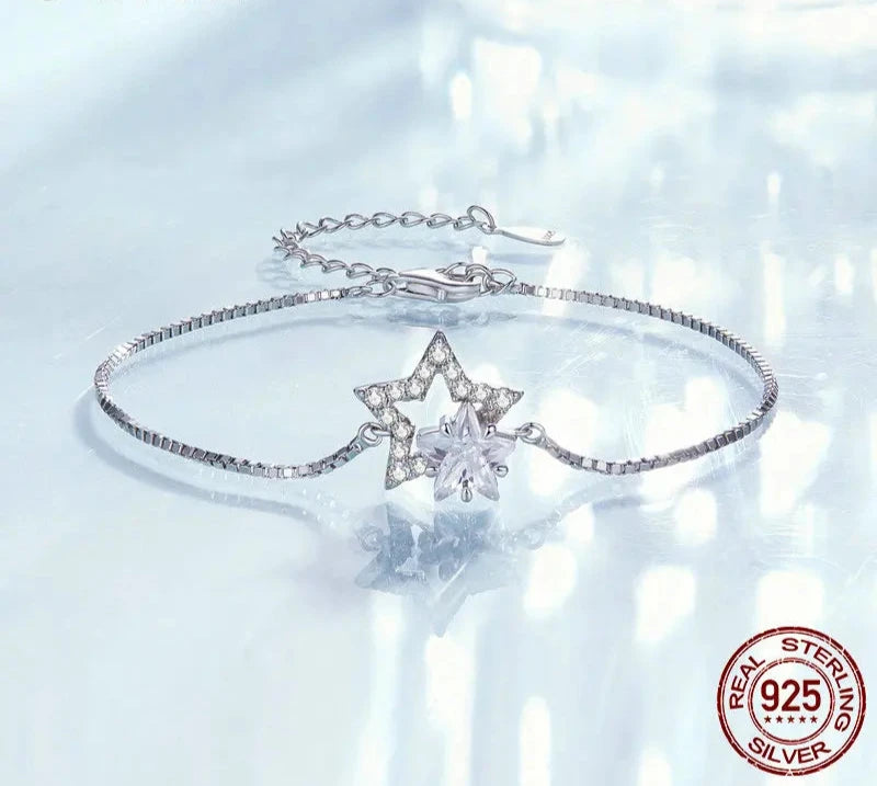 925 Sterling Silver Dazzling Star Bracelet Crystal Star Adjustable Chain Link for Women Party Fine Jewelry Birthday Gift