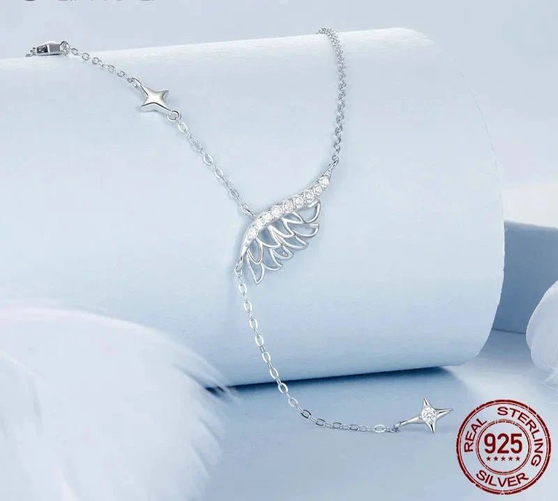 925 Sterling Silver Angel Wing Necklace, White Gold Plated Classic Necklace with Cubic Zirconia Jewelry Gift for Women