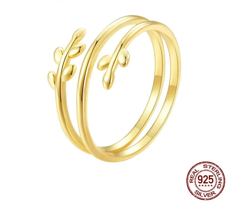 Gold Plated Leaves Adjustable Ring,  S925 Silver Trendy Multilayer Leaf Open Ring for Women Fashion Jewelry Gift 2 Colors