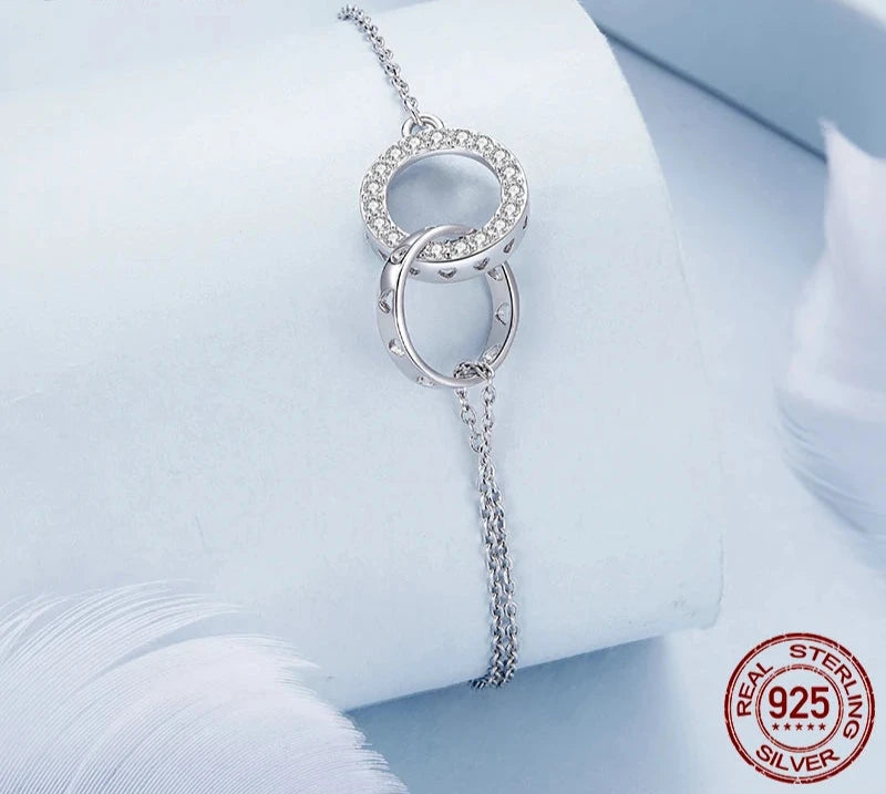 925 Sterling Silver Double Circle Bracelet Eternity Adjustable Chain Link Platinum Plated for Women Valentine's Day Gift