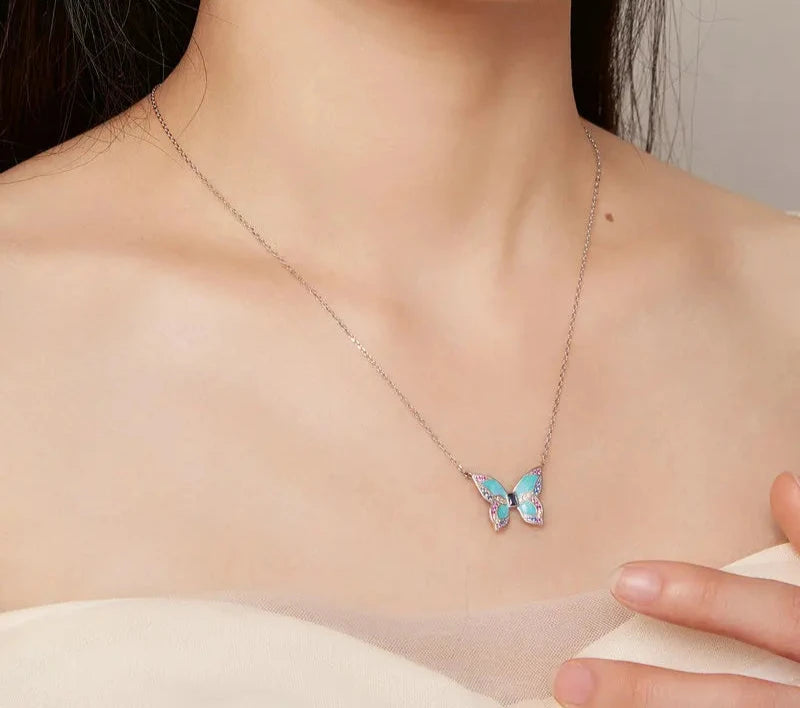 925 Sterling Silver Colorful Butterfly Pendant Necklace Insect Neck Chain for Women Birthday Gift Fine Jewelry BSN306