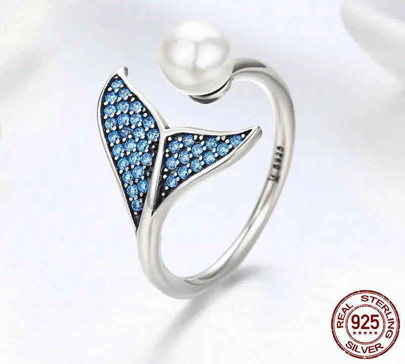 Bamoer 925 Sterling Silver Blue CZ Dolphin Tail Opening Finger Ring Shell Pearl Adjustable Ring for Women Jewelry Gift SCR286