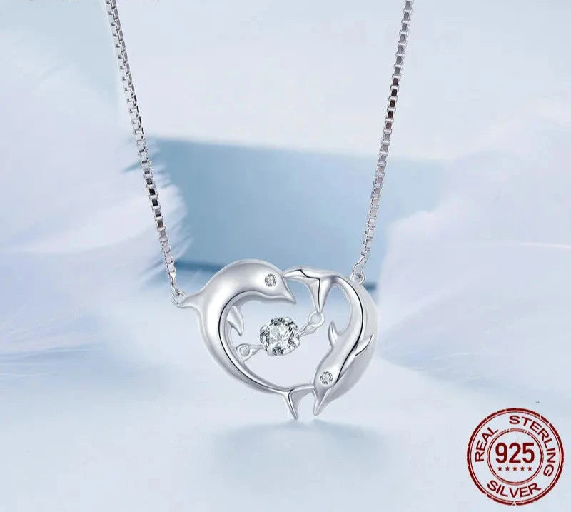 925 Sterling Silver Connected Double Dolphins Necklace Shiny Zircon Love Neck Chain for Women Fine Jewelry BSN340