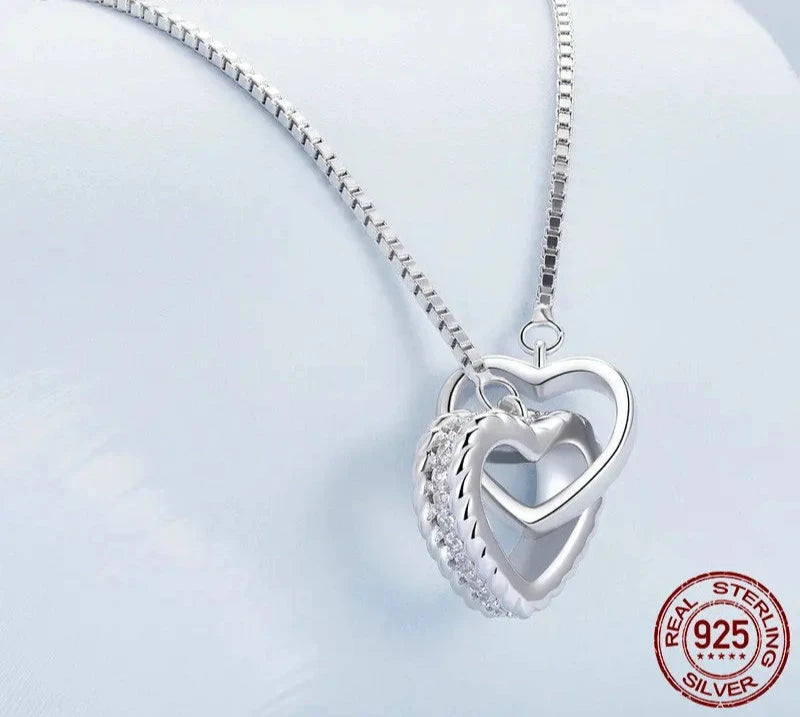 925 Sterling Silver Double Heart Pendant Necklace Clavicle Chain Link for Women Party Jewelry Valentine's Day Gift