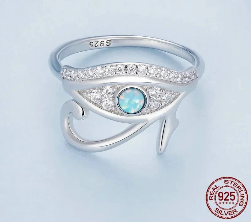 925 Sterling Silver Blue Opal Lucky Eye of Horus Ring Pave Setting CZ for Women Birthday Gift Fine Jewelry BSR403