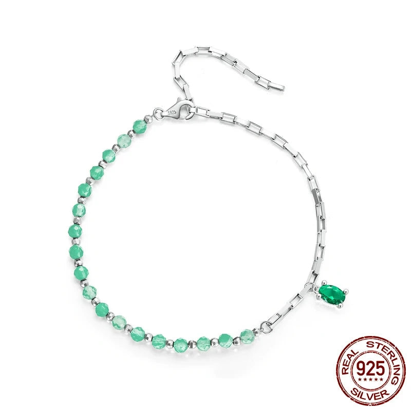 925 Sterling Silver Crystal Green Beads Bracelet Delicate Square Link for Women Birthday Valentine's Day Jewelry Gift