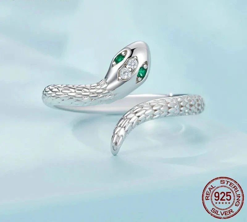 925 Sterling Silver Adjustable Snake Ring Platinum Plated Green Zircon Retro Textures Snake Ring Fashion Jewelry