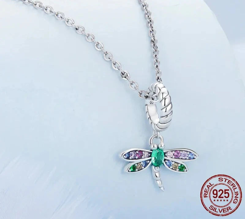 925 Sterling Silver Colorful Zircon Dragonfly Pendant Necklace Dainty Insect Neck Chain for Women Valentine's Day Gift