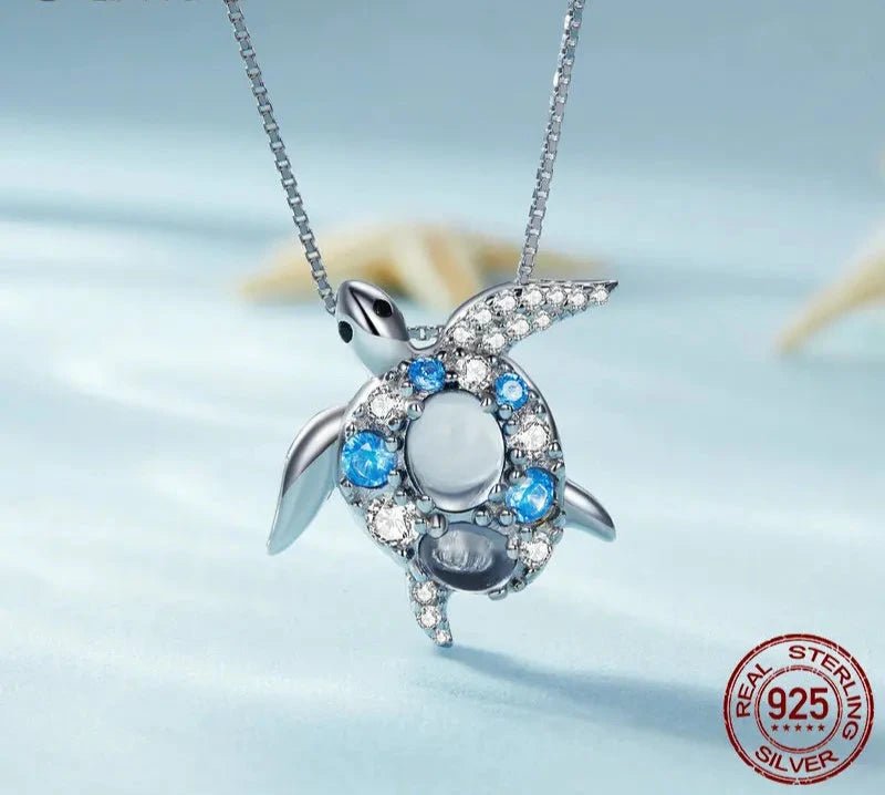 925 Sterling Silver Blue Spinel Sea Turtle Pendant Necklace Pave Setting CZ for Women Valentine's Day Gift