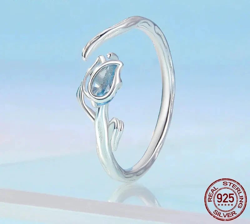 925 Sterling Silver Blue Tulip Opening Ring Flower & Vine Adjustable Ring for Women Romantic Fine Jewelry BSR465