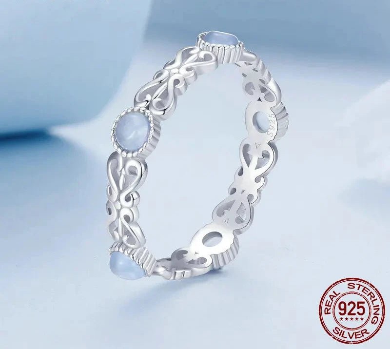 925 Sterling Silver Blue Round Stone Finger Ring Vine Pattern Ring for Women Elegant Jewelry Gift BSR507