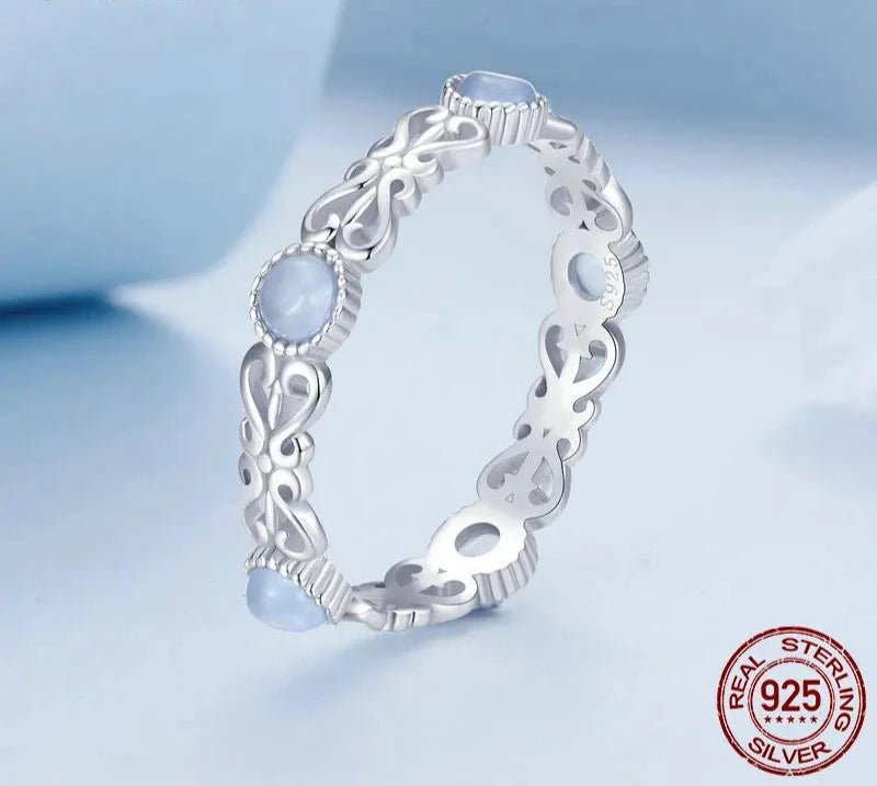 925 Sterling Silver Blue Round Stone Finger Ring Vine Pattern Ring for Women Elegant Jewelry Gift BSR507