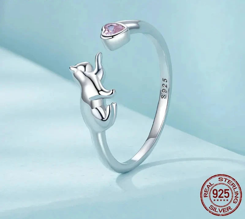 925 Sterling Silver Cute Cat Ring for Women, Lovely Pet Animals Open Ring Statement Ring Jewelry Gift for Pet Lover